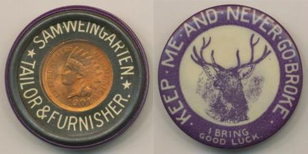 1901 celluliold encased cent - Sam Weingarten Tailor and Furnisher