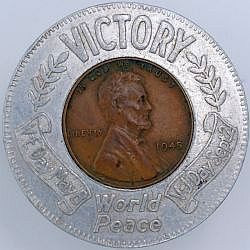 Victory Encased Obverse type 1 with scrolls and laurel - Victory at top World Peace at bottom - V-E Day May 8 at left V-J Day Sept 2 on right